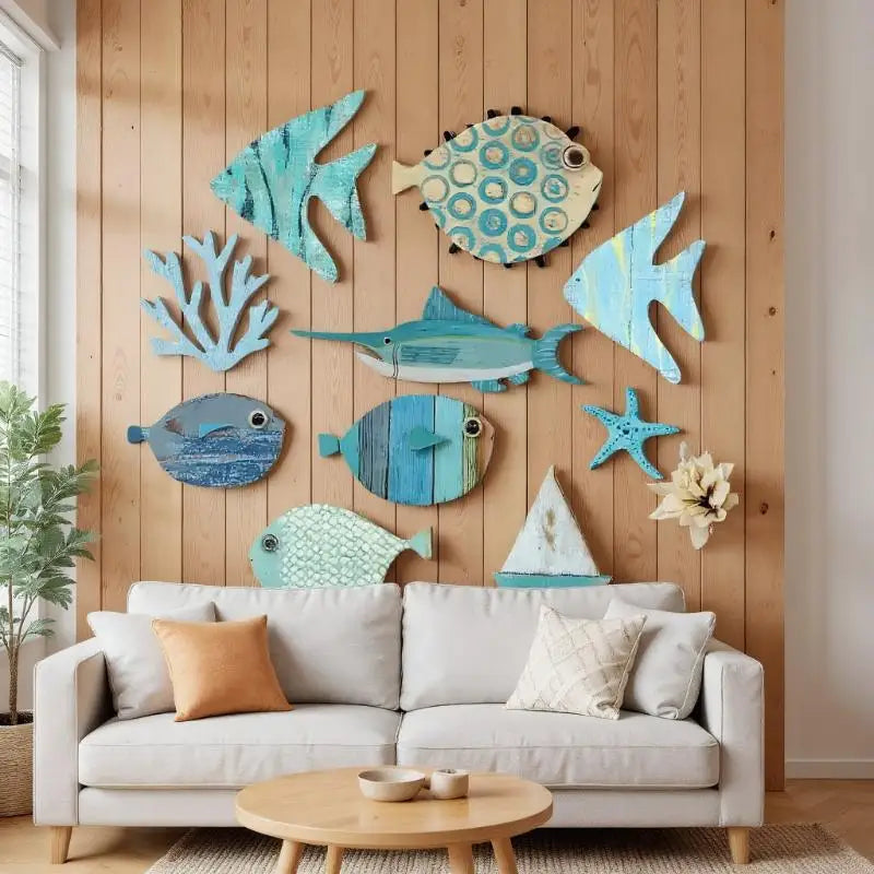 10pcs/set Fish Wall Decor Wooden Fish Hanging Beach Theme Bathroom Art Nautical Coastal Ocean Home Decoration