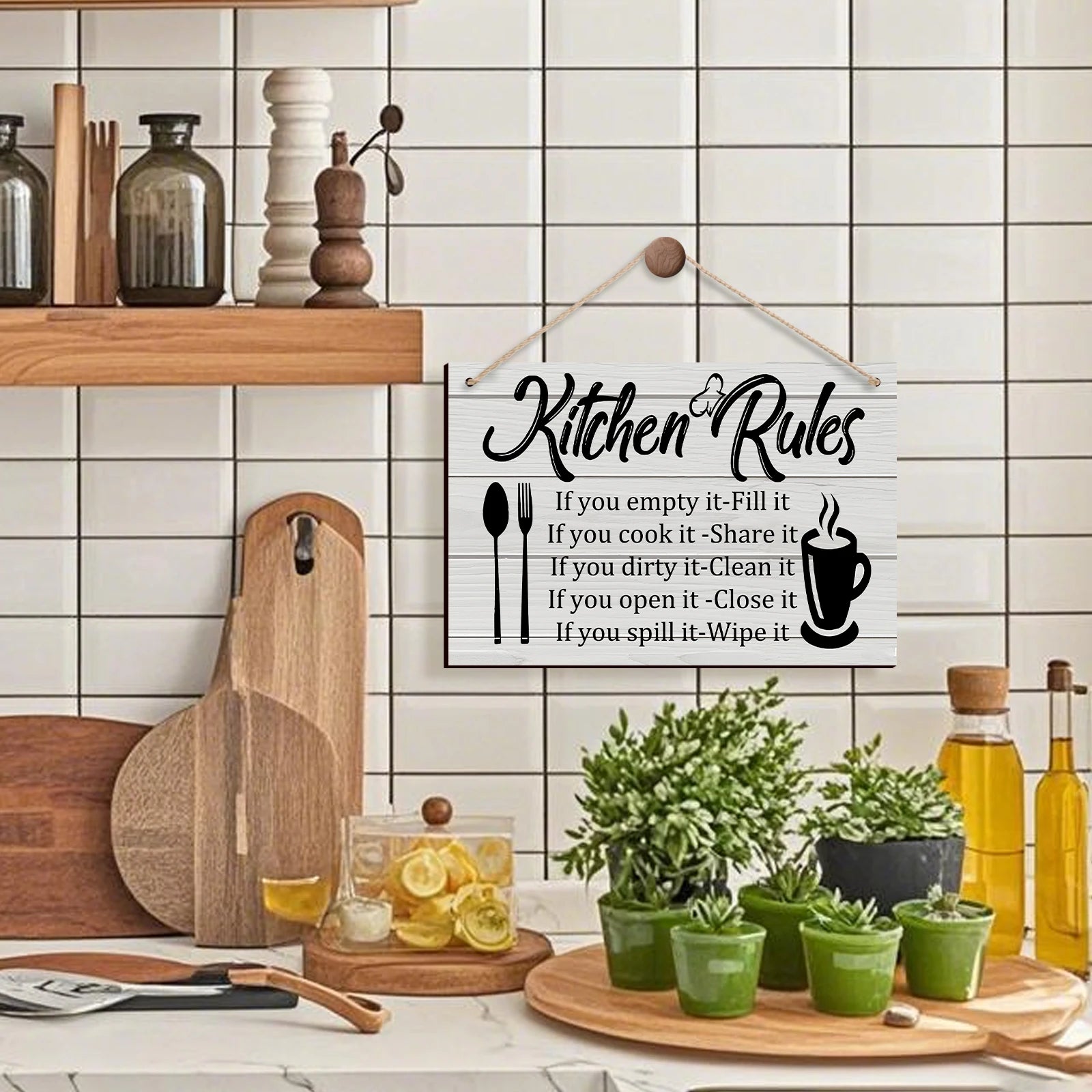 Kitchen Wooden Rules Decor Plaque with Utensil Icons and Funny Phrases to Enhance the Kitchen's Warm Atmosphere