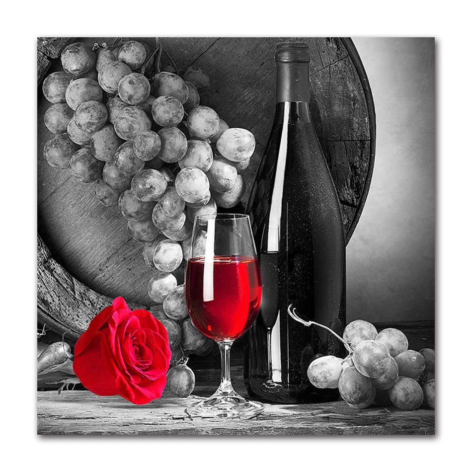 Kitchen Wall Art Decor Pictures Red Wine Glass Rose Painting on Canvas Poster and Prints Home Decoration Dining Room Restaurant
