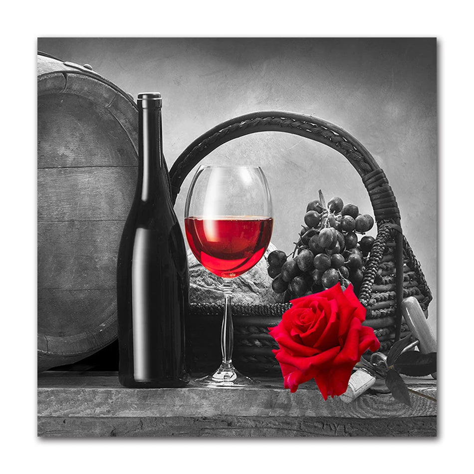 Kitchen Wall Art Decor Pictures Red Wine Glass Rose Painting on Canvas Poster and Prints Home Decoration Dining Room Restaurant