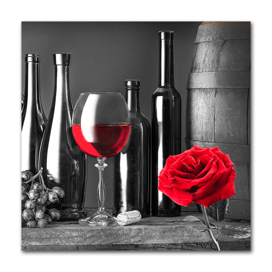 Kitchen Wall Art Decor Pictures Red Wine Glass Rose Painting on Canvas Poster and Prints Home Decoration Dining Room Restaurant