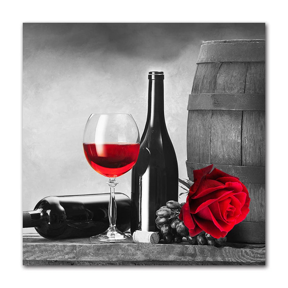 Kitchen Wall Art Decor Pictures Red Wine Glass Rose Painting on Canvas Poster and Prints Home Decoration Dining Room Restaurant