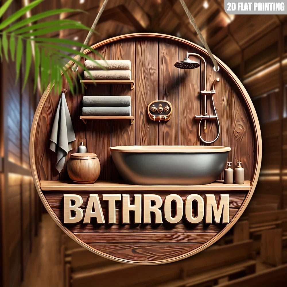 1 Piece 2D Wooden Disc Bathroom Theme Wall Art Sign 8 inch for Home Office Living Room Bathroom Bar Cafe Decoration