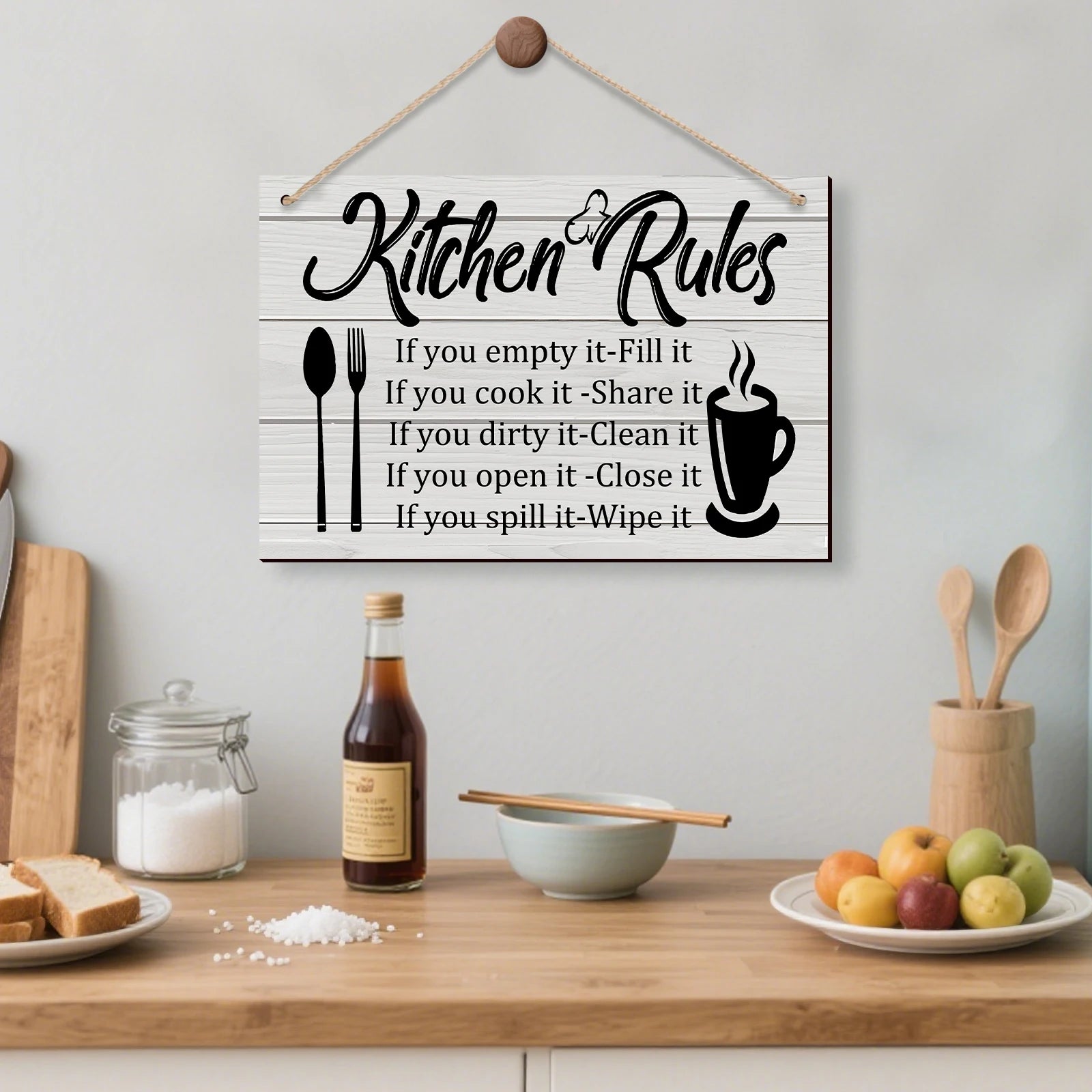 Kitchen Wooden Rules Decor Plaque with Utensil Icons and Funny Phrases to Enhance the Kitchen's Warm Atmosphere