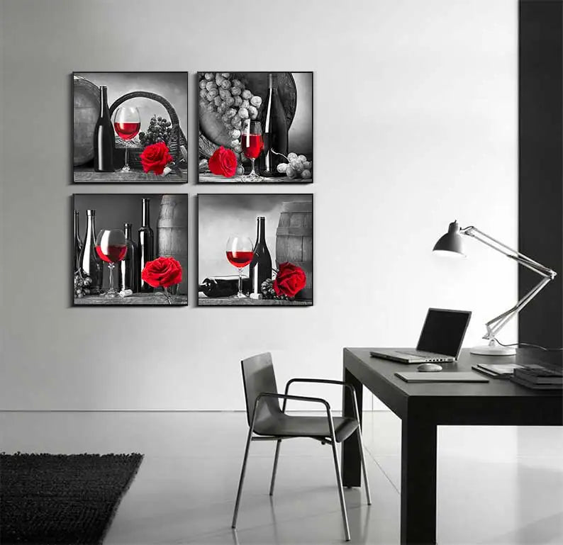 Kitchen Wall Art Decor Pictures Red Wine Glass Rose Painting on Canvas Poster and Prints Home Decoration Dining Room Restaurant