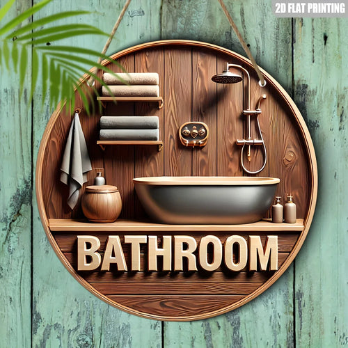 1 Piece 2D Wooden Disc Bathroom Theme Wall Art Sign 8 inch for Home Office Living Room Bathroom Bar Cafe Decoration