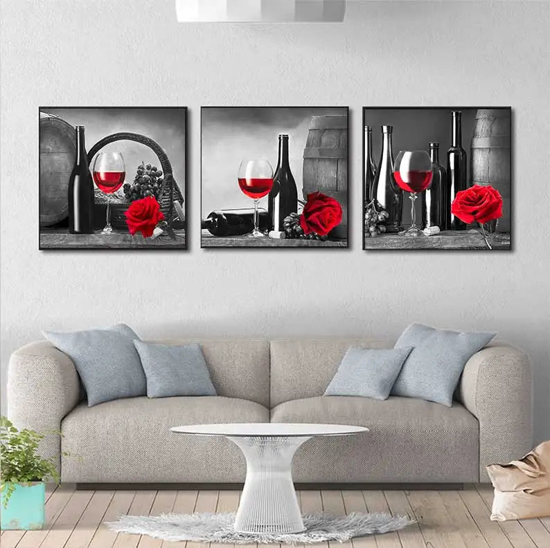 Kitchen Wall Art Decor Pictures Red Wine Glass Rose Painting on Canvas Poster and Prints Home Decoration Dining Room Restaurant