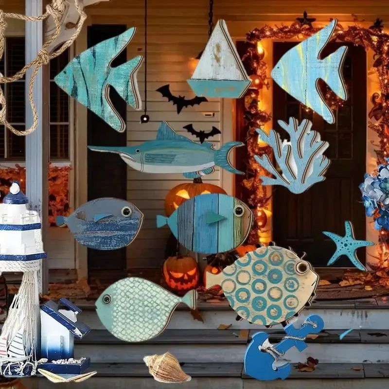 10pcs/set Fish Wall Decor Wooden Fish Hanging Beach Theme Bathroom Art Nautical Coastal Ocean Home Decoration