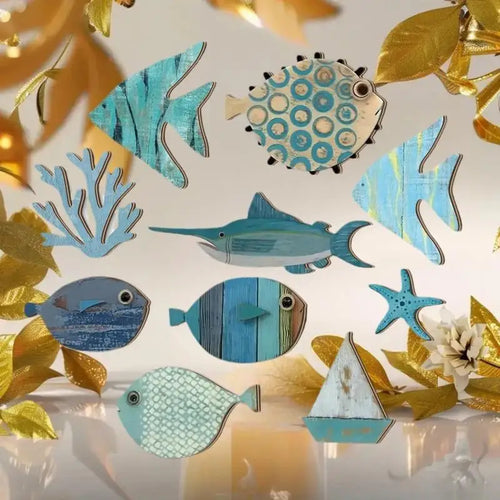 10pcs/set Fish Wall Decor Wooden Fish Hanging Beach Theme Bathroom Art Nautical Coastal Ocean Home Decoration
