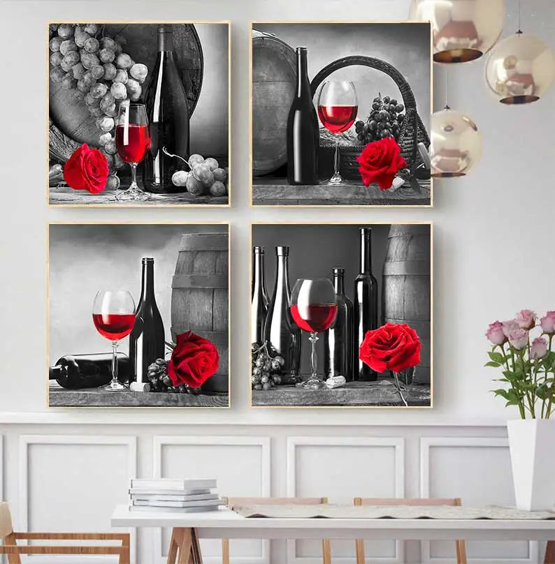 Kitchen Wall Art Decor Pictures Red Wine Glass Rose Painting on Canvas Poster and Prints Home Decoration Dining Room Restaurant