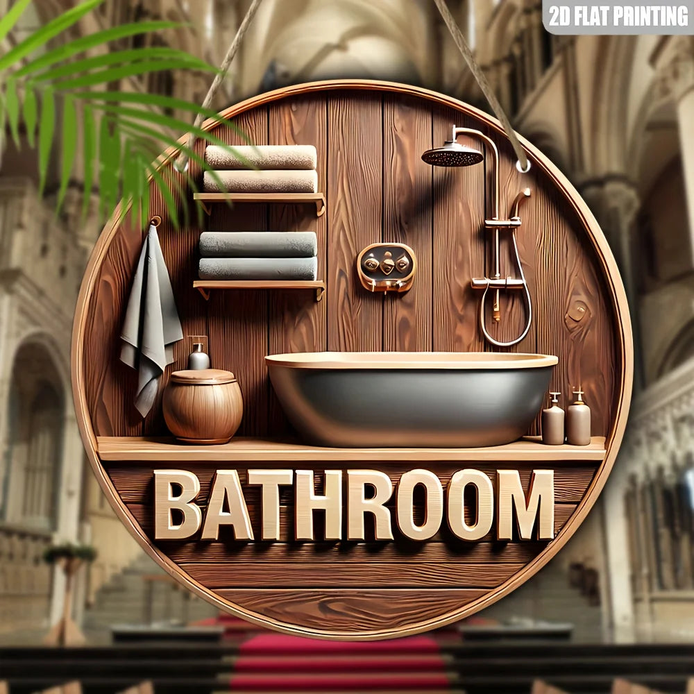1 Piece 2D Wooden Disc Bathroom Theme Wall Art Sign 8 inch for Home Office Living Room Bathroom Bar Cafe Decoration