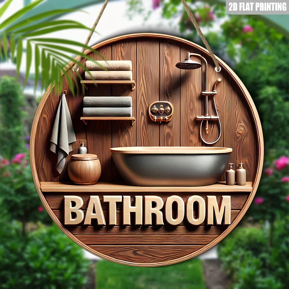 1 Piece 2D Wooden Disc Bathroom Theme Wall Art Sign 8 inch for Home Office Living Room Bathroom Bar Cafe Decoration