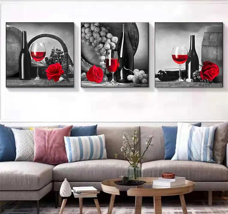 Kitchen Wall Art Decor Pictures Red Wine Glass Rose Painting on Canvas Poster and Prints Home Decoration Dining Room Restaurant