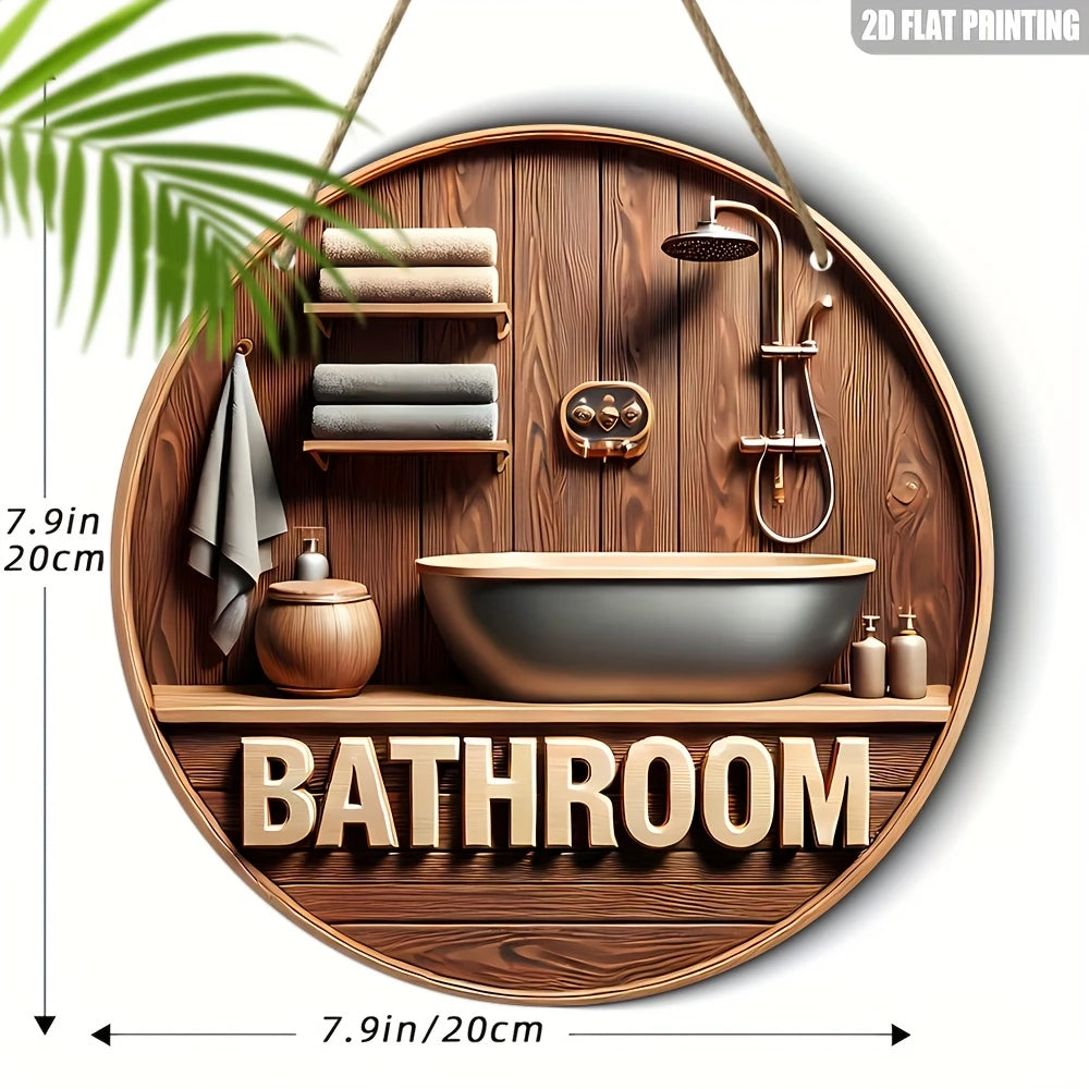 1 Piece 2D Wooden Disc Bathroom Theme Wall Art Sign 8 inch for Home Office Living Room Bathroom Bar Cafe Decoration